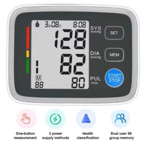 Large LCD display of digital blood pressure monitor with data indicators