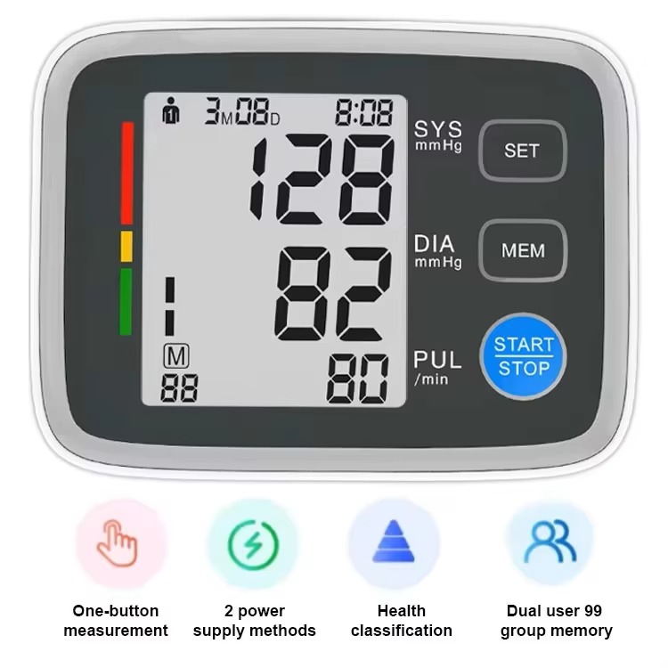 Large LCD display of digital blood pressure monitor with data indicators